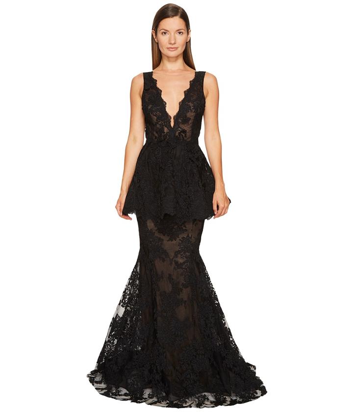 Marchesa - Plunging V-neck Fit And Flare Gown In Corded Lace