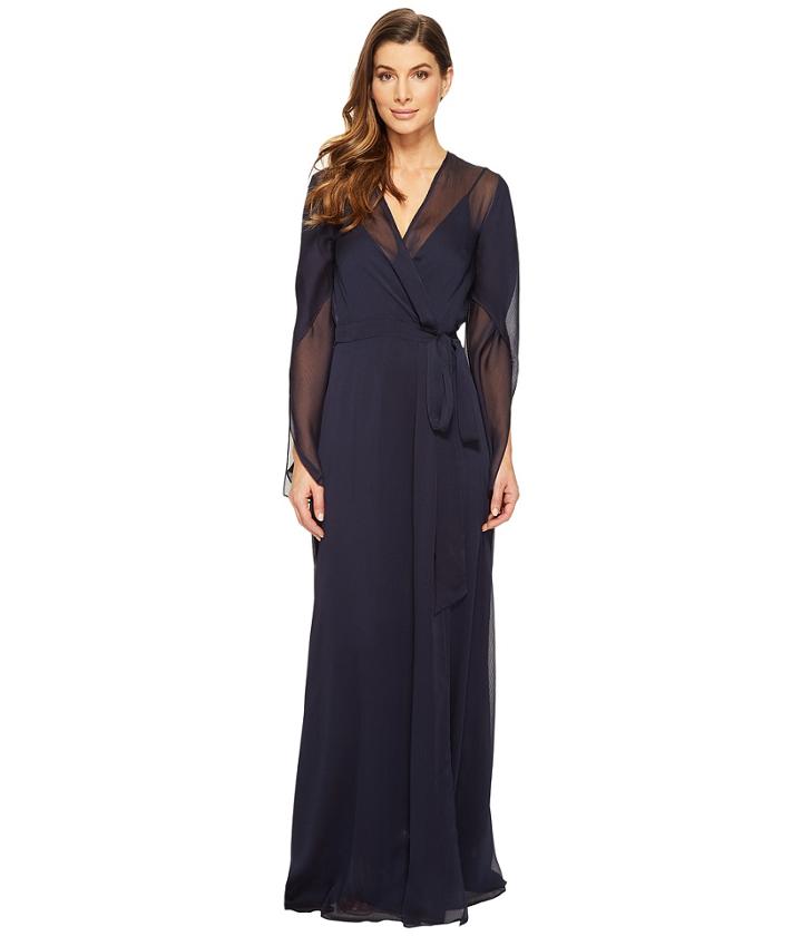 Halston Heritage - Long Sleeve Deep V-neck Flowy Gown W/ Sash