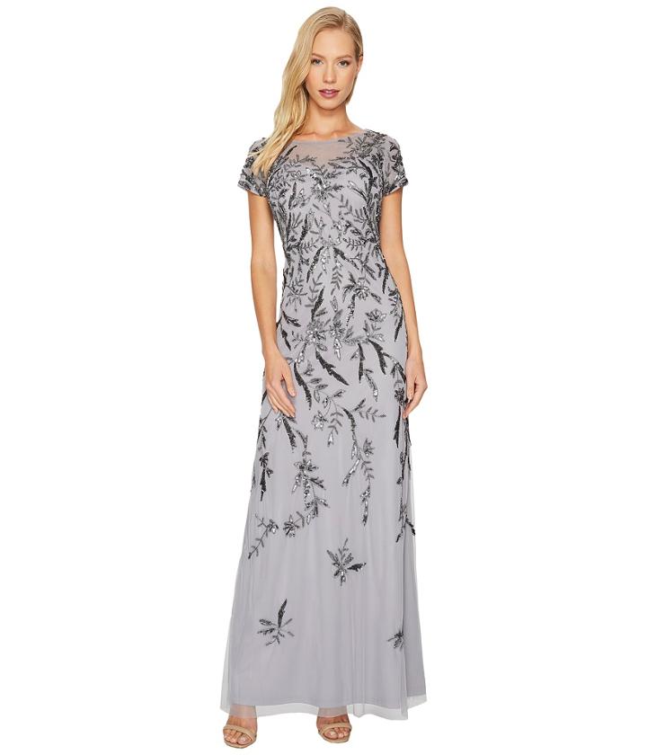 Adrianna Papell - Short Sleeve Fully Beaded Gown With Illusion Neckline