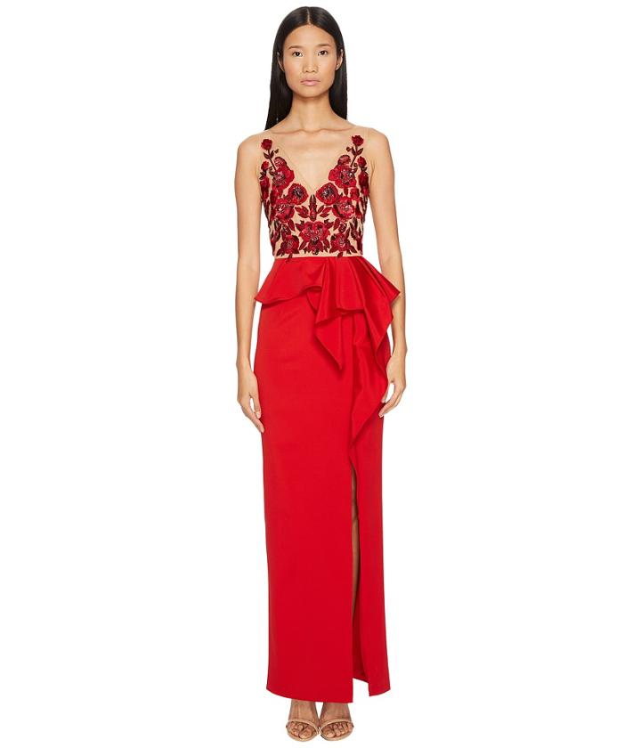 Marchesa Notte - Faille Column Gown W/ Beaded Floral Bodice