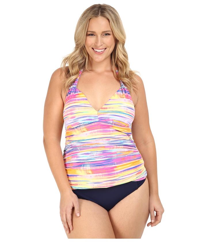 Lauren Ralph Lauren - Plus Size Summer Tie-dye Stripe Halterkini W/ Removable Cups Slimming Fit