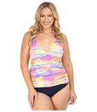 Lauren Ralph Lauren - Plus Size Summer Tie-dye Stripe Halterkini W/ Removable Cups Slimming Fit