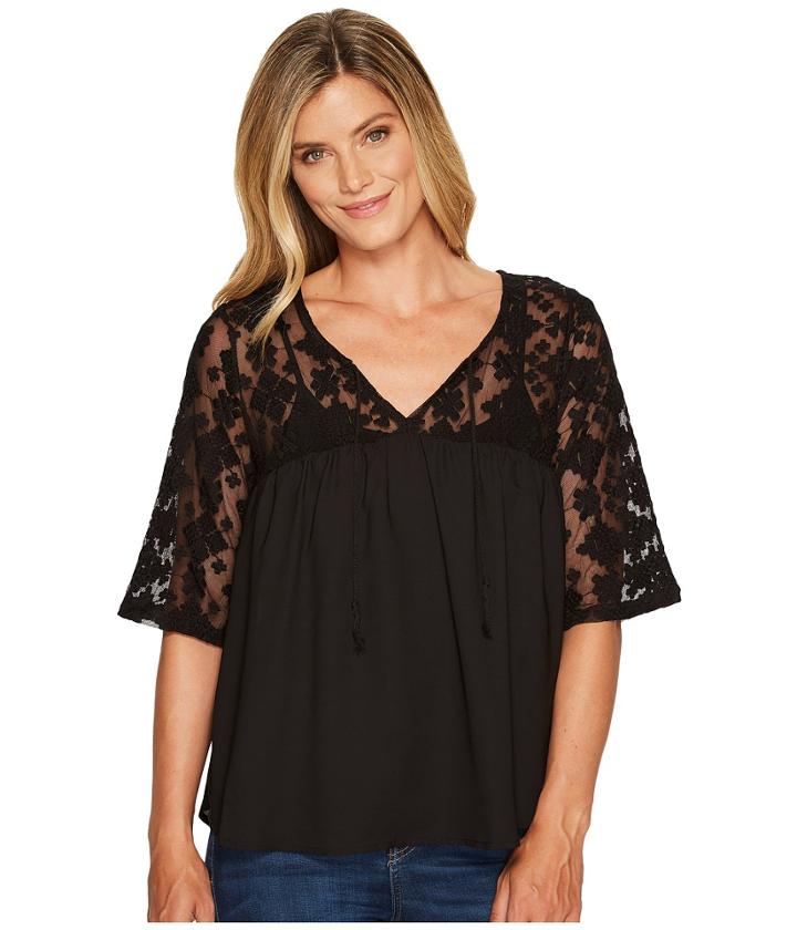 Cruel - 3/4 Sleeve Mesh Lace And Chiffon Top