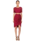 Marchesa Notte - Short Sleeve Re-embroidered Lace Cocktail With Draped Skirt And Sheer Waist