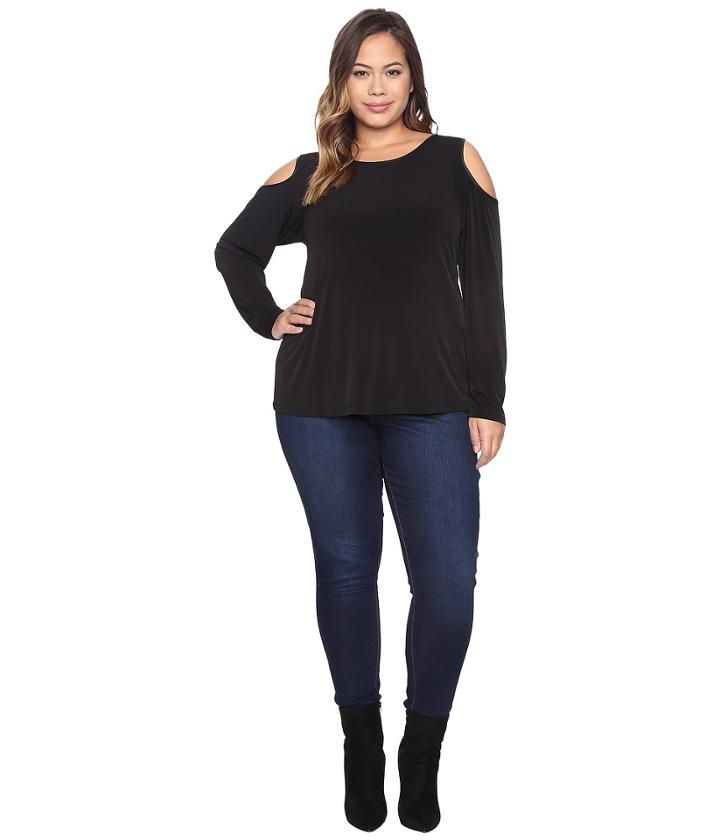 Calvin Klein Plus - Plus Size Long Sleeve Cold Shoulder Top W/ Pu Trim