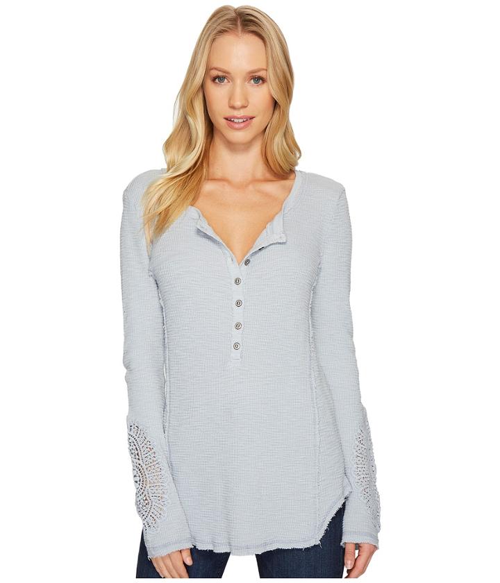Dylan By True Grit - Softest Slub Waffle Button Top With Crochet Sleeves