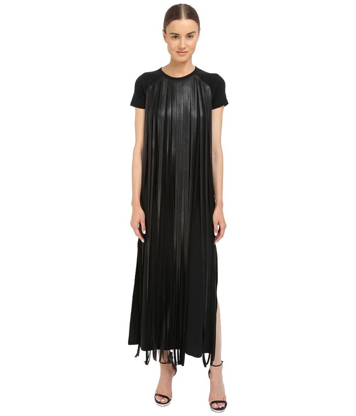 Neil Barrett - Fringed Leather Jersey Long Fringed Eco Leather + Crepe Stretch Dress