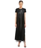 Neil Barrett - Fringed Leather Jersey Long Fringed Eco Leather + Crepe Stretch Dress
