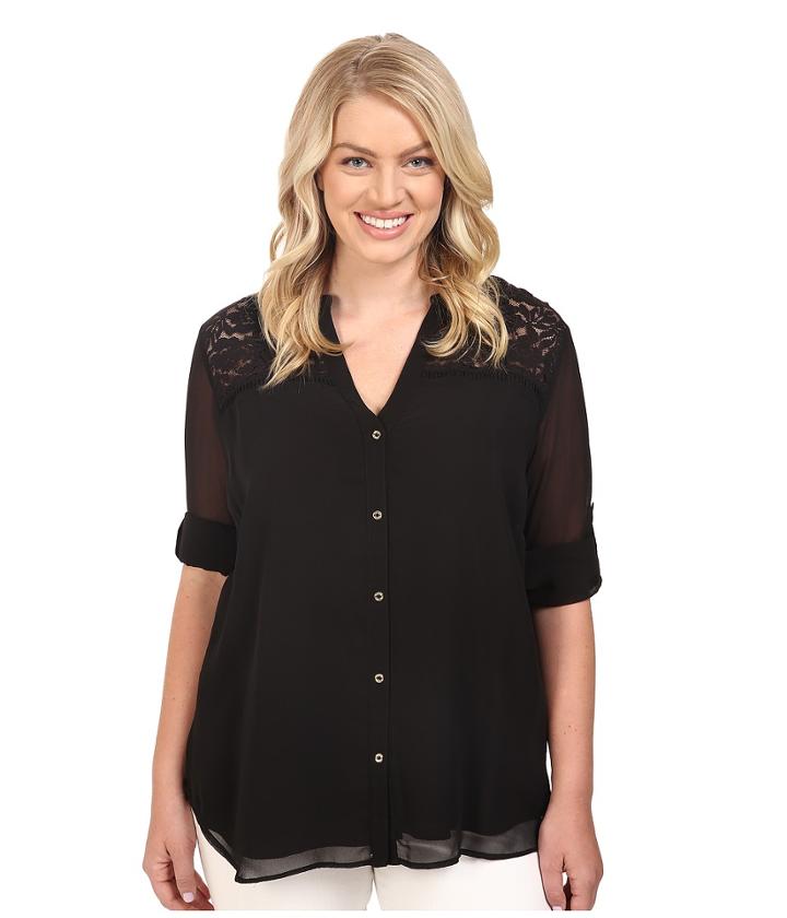 Calvin Klein Plus - Plus Size Roll Sleeve Blouse W/ Lace Yoke