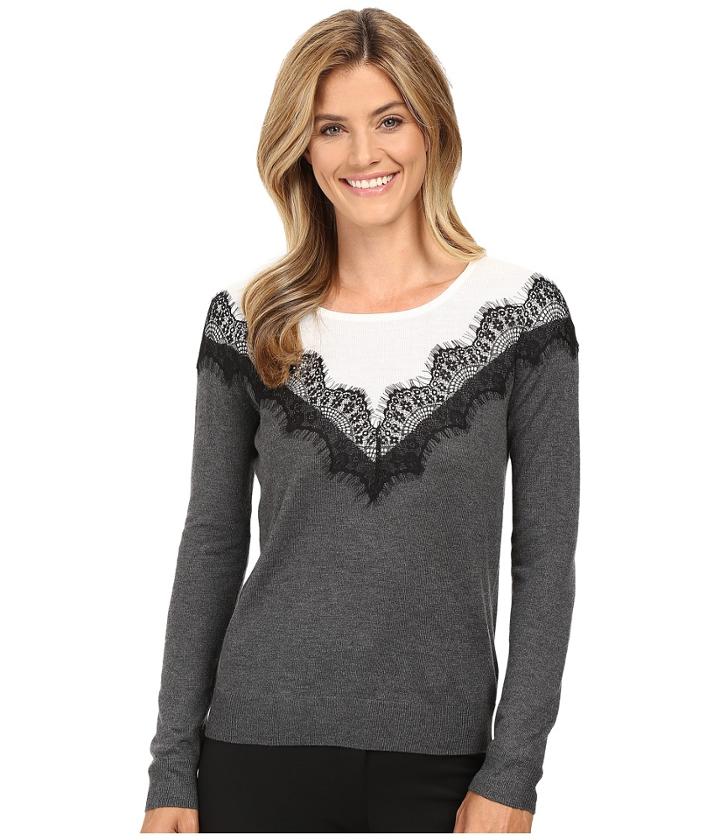 Vince Camuto - Long Sleeve Yoke V-lace Color Blocked Sweater