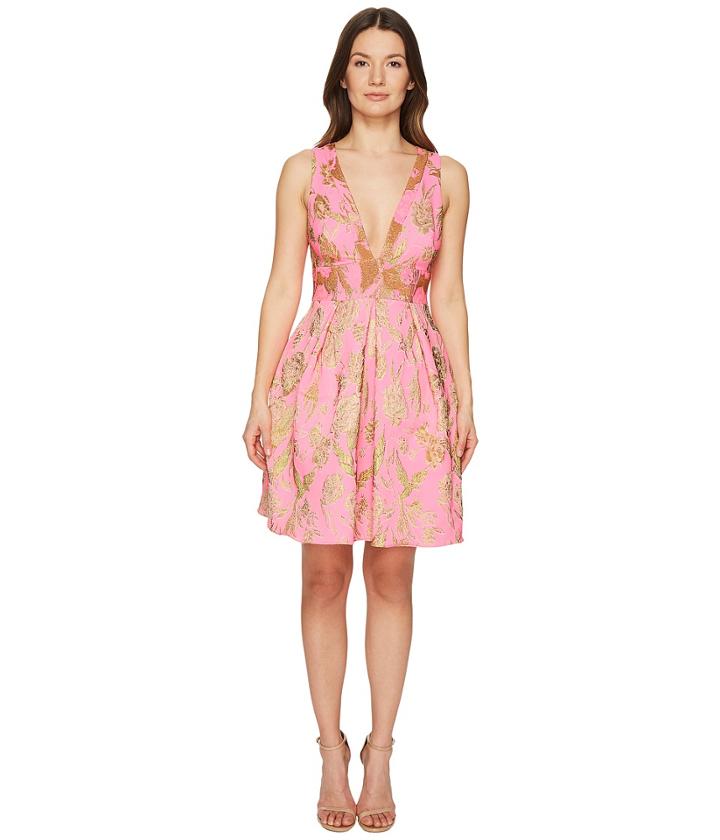 Marchesa Notte - V-neck Metallic Floral Cocktail Dress