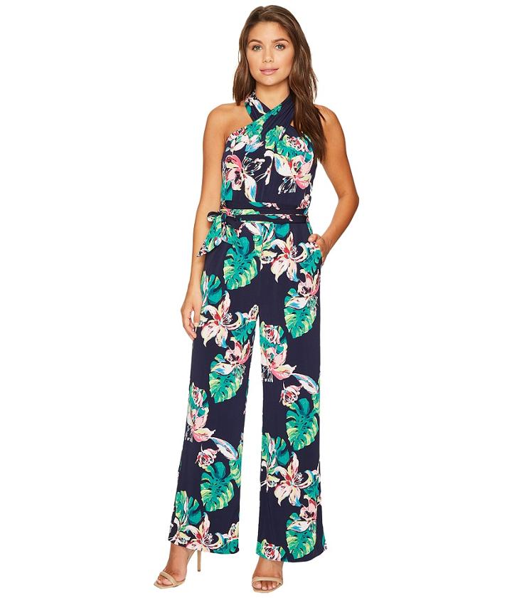 Tahari By Asl Petite - Petite Palm Print Jersey Jumpsuit