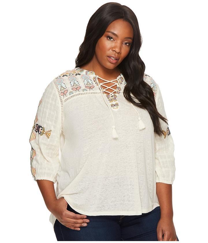 Lucky Brand - Plus Size Lace-up Embroidered Top