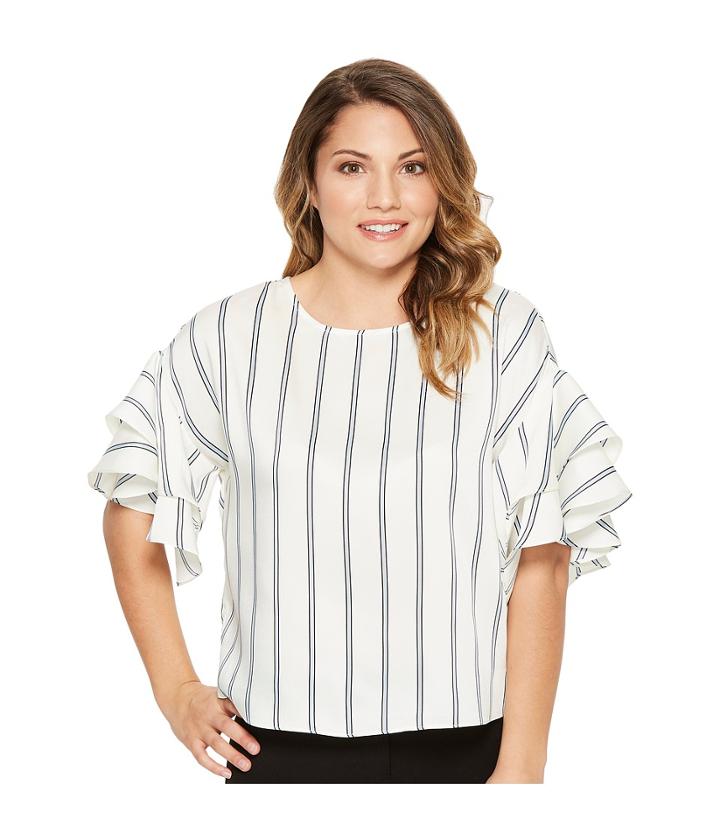 Vince Camuto Specialty Size - Petite Tiered Ruffle Sleeve Stripe Theory Blouse