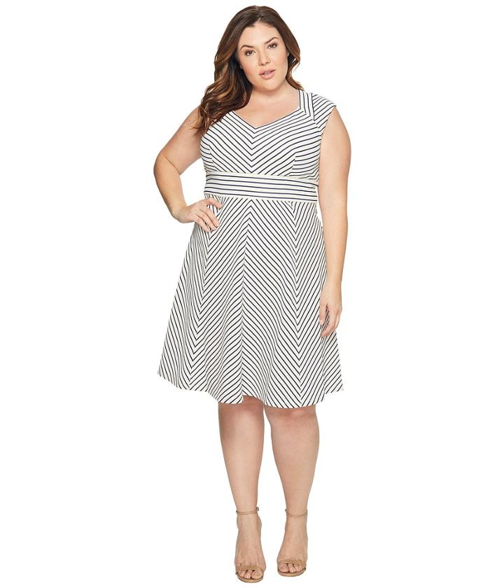 Adrianna Papell - Plus Size Cap Sleeve Stripe Fit And Flare