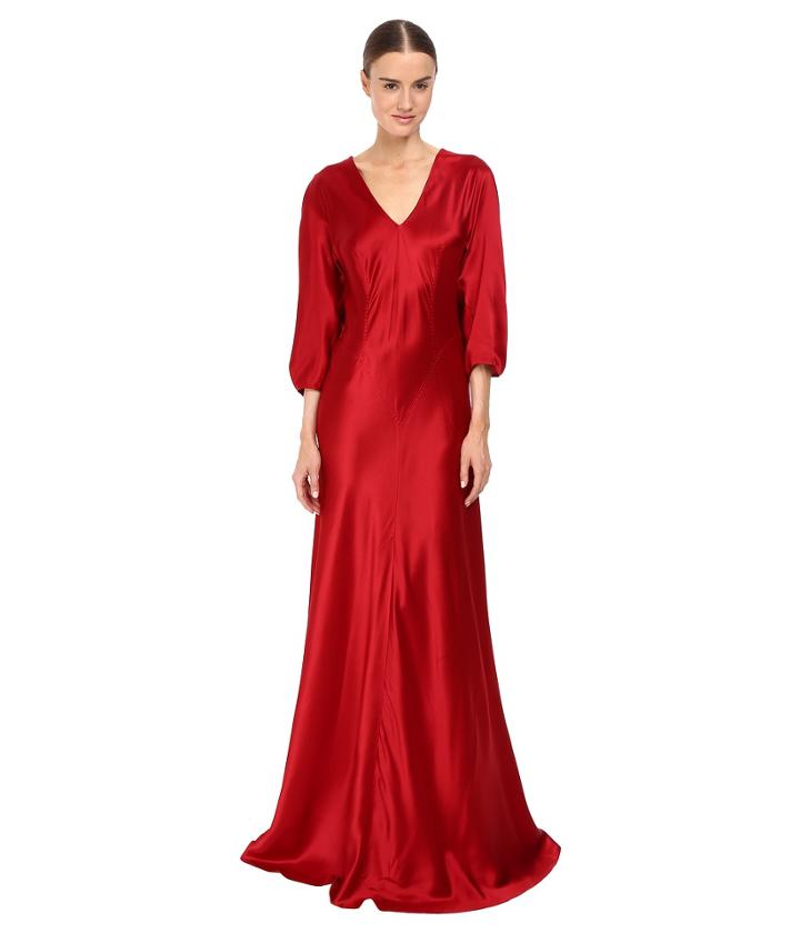 Alberta Ferretti - 3/4 Sleeve V-neck Satin Gown
