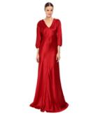 Alberta Ferretti - 3/4 Sleeve V-neck Satin Gown