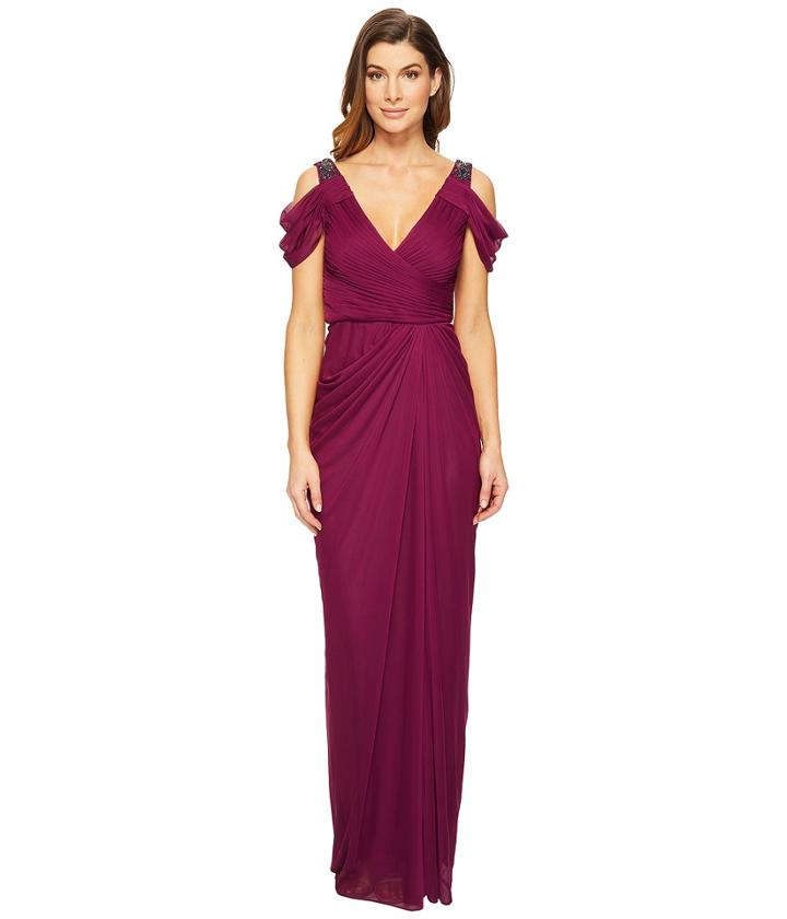 Adrianna Papell - Cold Shoulder Rouched Stretch Tulle Dress With Beaded Details