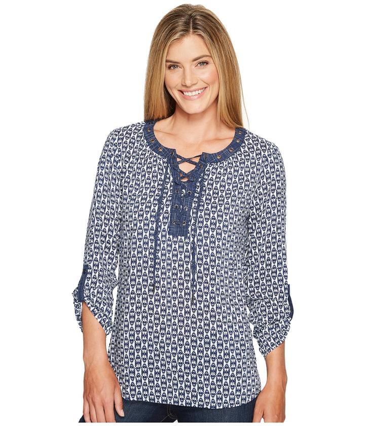 Tribal - Long Sleeve Blouse W/ Neck Lace-up And Roll Up Sleeve Detail