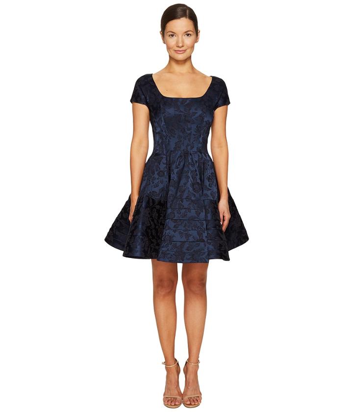 Zac Posen - Short Sleeve Boat Neck Fit And Flare Jacquard Dress