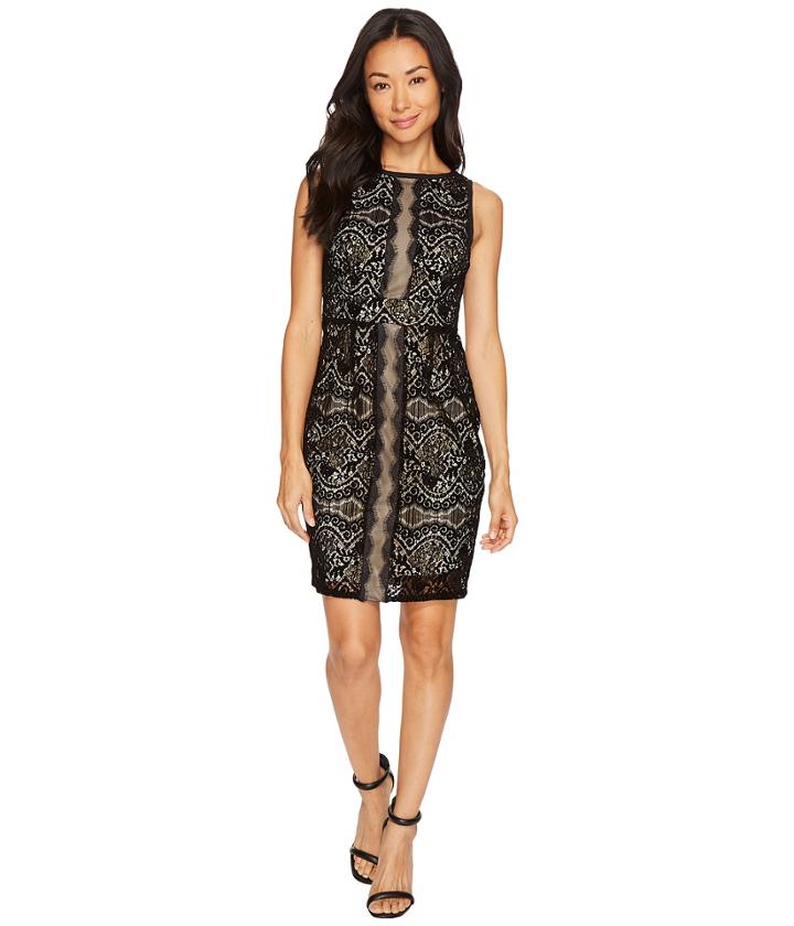 Adrianna Papell - Petite Flocked Lurex Lace Mixed Media Sheath Dress