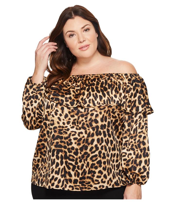 Vince Camuto Specialty Size - Plus Size Long Sleeve Exotic Animal Ruffled Off Shoulder Blouse