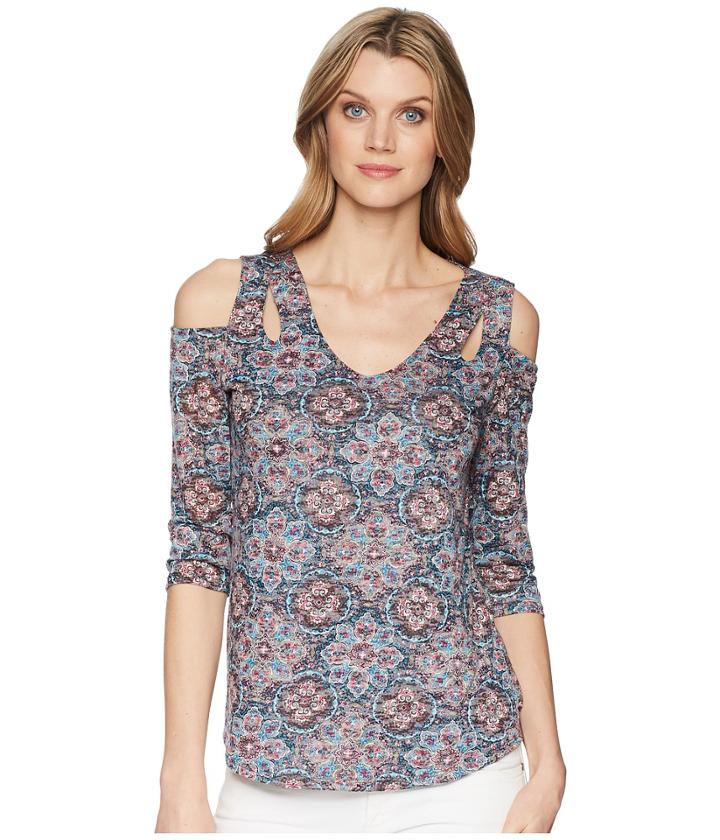 Tribal - Printed Burnout 3/4 Sleeve Cold Shoulder Top