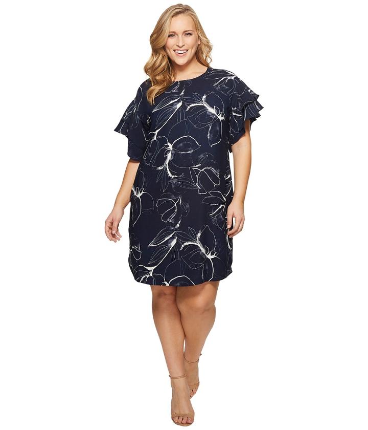 Vince Camuto Specialty Size - Plus Size Tiered Ruffle Sleeve Fresco Petals Dress