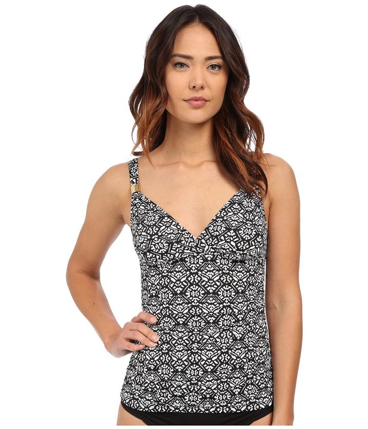 Lauren By Ralph Lauren - Tile Print Shirred Surplice Tankini W/ Removable Cup