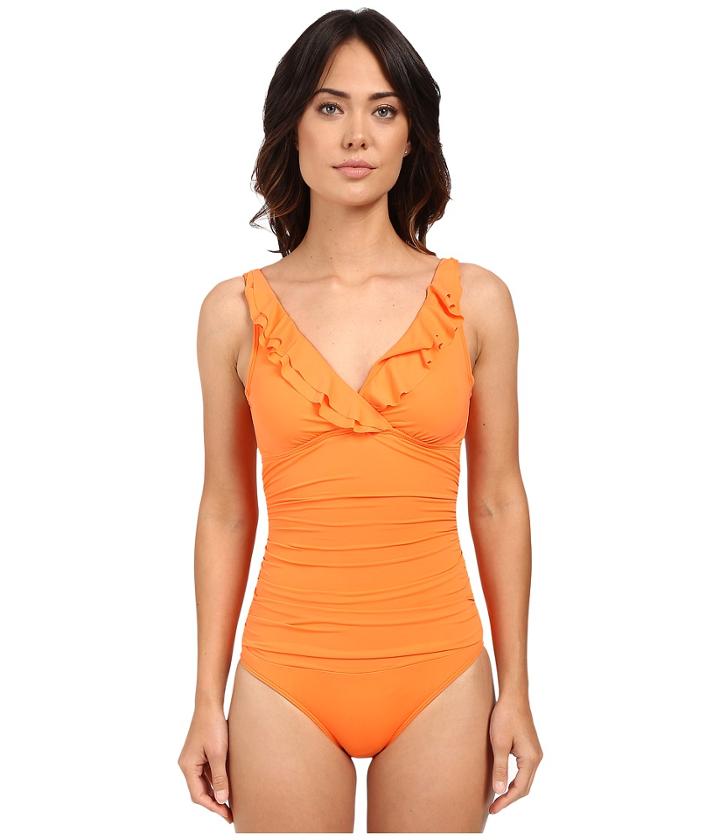 Lauren Ralph Lauren - Beach Club Solids Ruffle Surplice Underwire Tank Top Slimming Fit Removable Cup