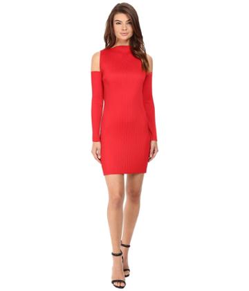 Kitty Joseph - Red Crepe Crystal Pleated Cold Shoulder Dress