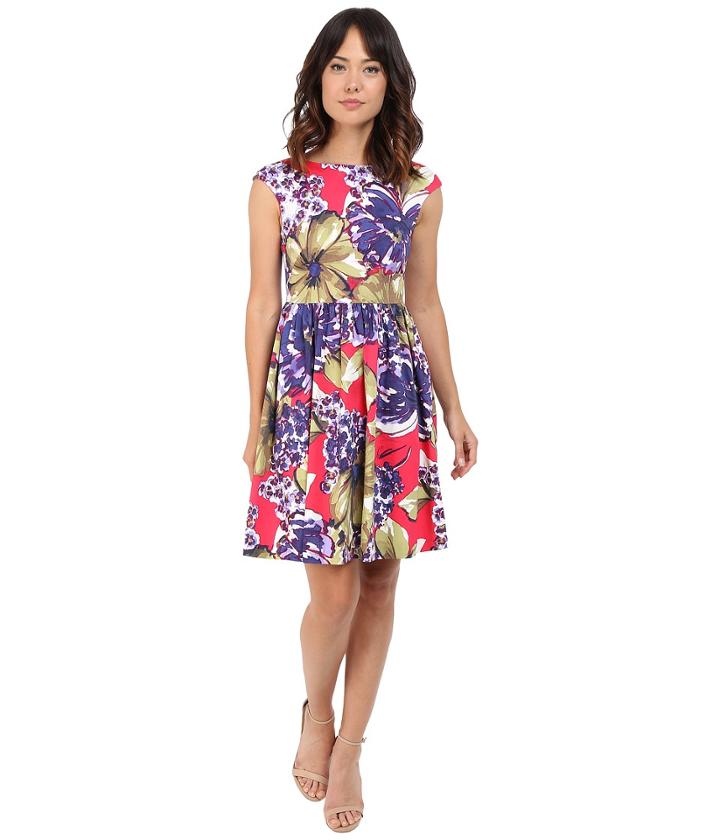 Donna Morgan - Sleeveless Printed Cotton Sateen Tie Back Fit And Flare