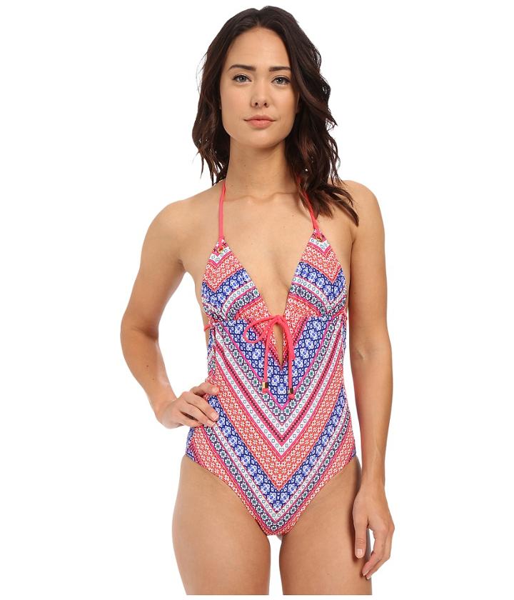 Shoshanna - Chevron Tapestry Grommet Tie Front Maillot One-piece