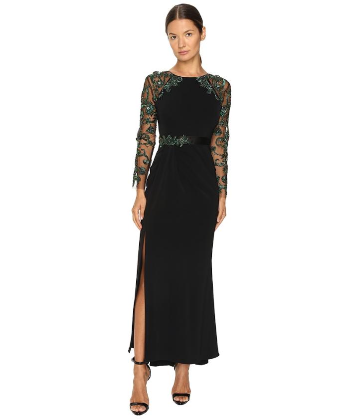 Marchesa - Fitted Stretch Crepe Gown With Crystal Embroidered Raglan Sleeves And Beaded Satin Belt