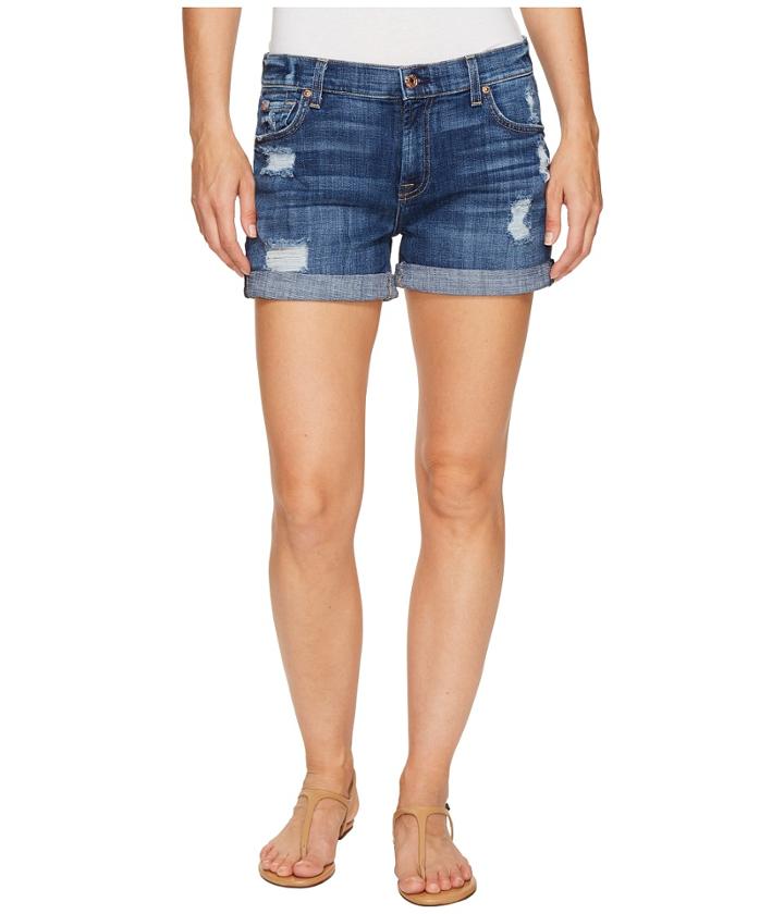 7 For All Mankind - Relaxed Mid Roll Shorts W/ Destroy In Barrier Reef Broken Twill