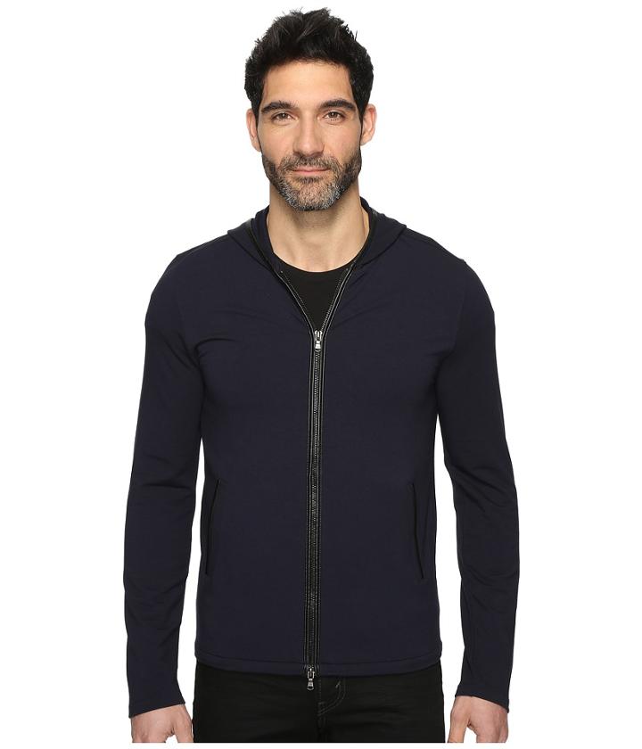 John Varvatos Star U.s.a. - Long Sleeve Zip-front Knit Hoodie W/ Leather Trim Details And Elbow Patches K2847s3l