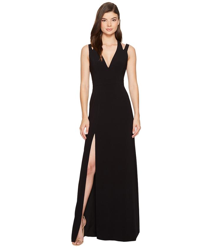 Halston Heritage - Sleeveless Deep V-neck Crepe Gown W/ Back Cut Outs