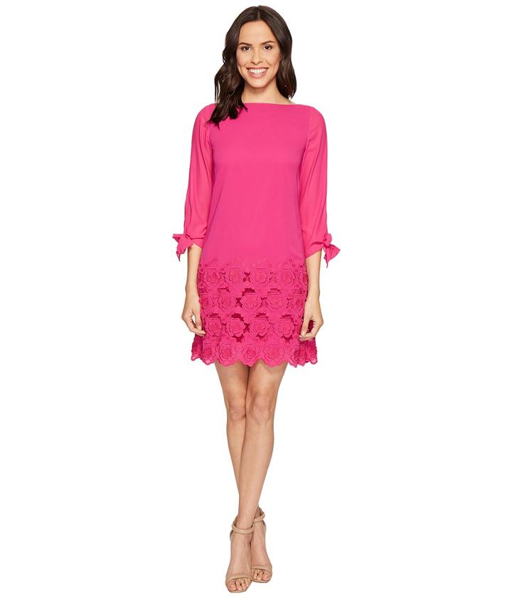 Tahari By Asl - Floral Embroidered Hem Sleeved Shift Dress