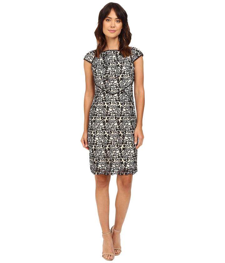 Nue By Shani - Black And White Lace With Square Neckline Capped Sleeves And Black Piping Detail