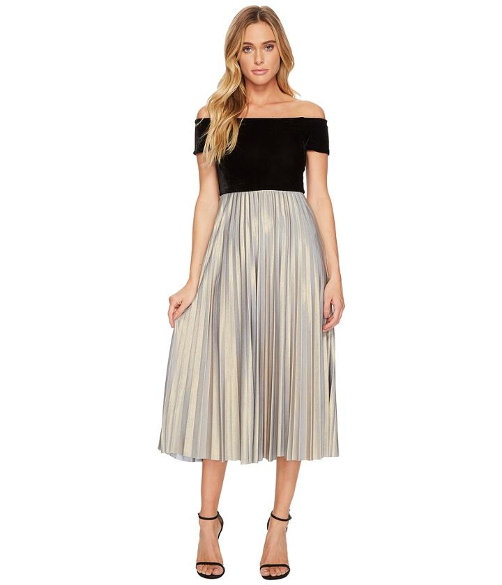 Donna Morgan - Off Shoulder Midi Dress With Velvet Top And Pleated Jersey Skirt