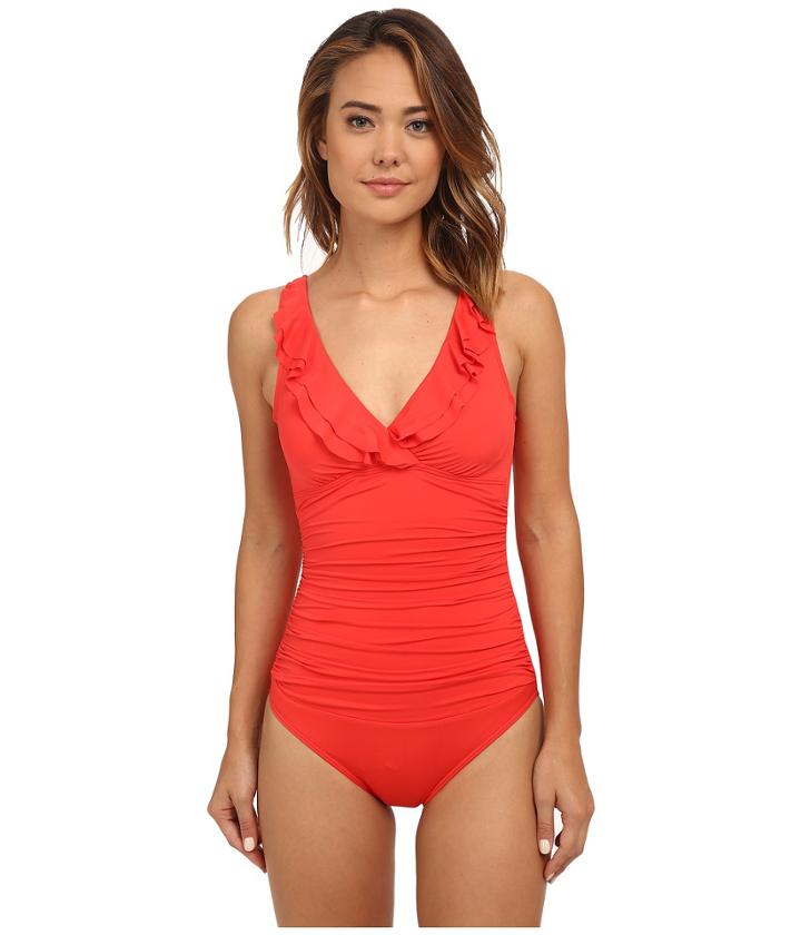 Lauren By Ralph Lauren - Laguna Solids Ruffle Surplice Under Wire Tank Slimming Fit W/ Removable Cup