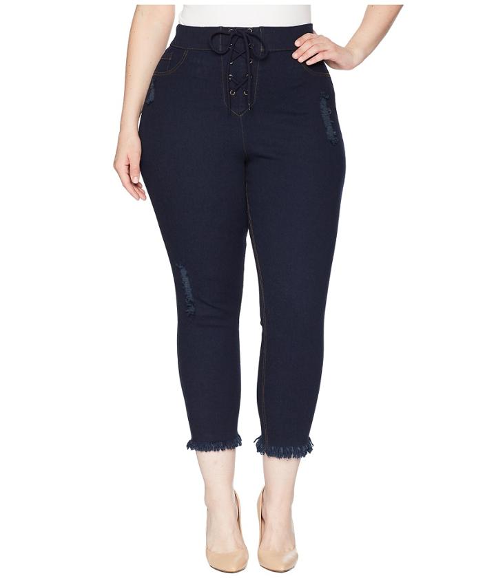 Hue - Plus Size High-waist Lace-up Shipwrecked Denim Capris