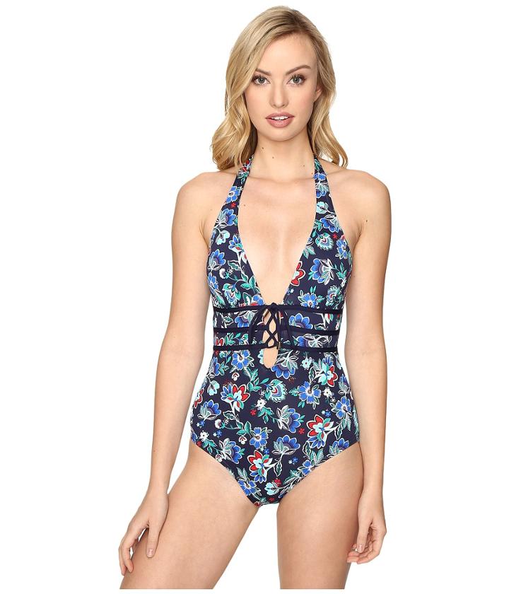 Tommy Bahama - Folk Floral Lace-up Halter-neck One-piece Swimsuit