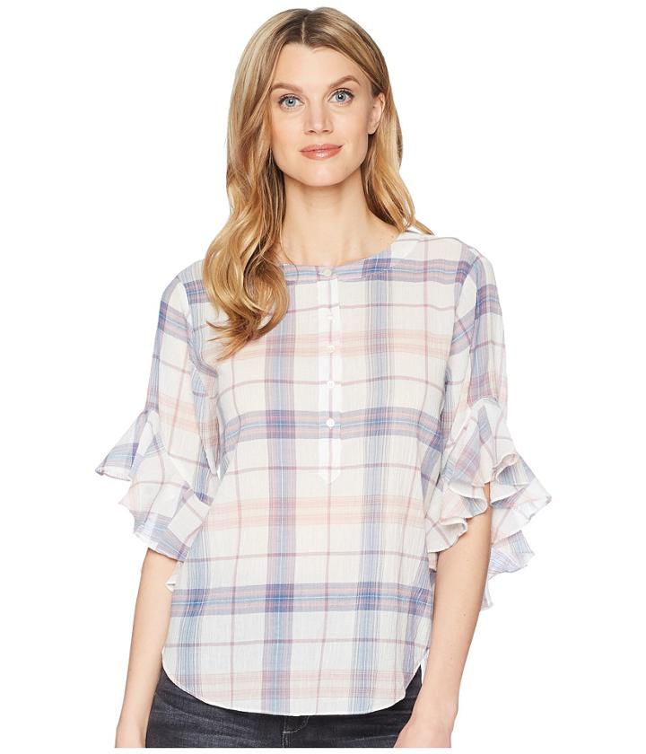 Two By Vince Camuto - Flutter Sleeve Pavilion Plaid Henley Blouse