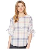 Two By Vince Camuto - Flutter Sleeve Pavilion Plaid Henley Blouse