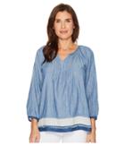Dylan By True Grit - Luxe Denim Double Cloth Pintuck Blouse With Border And Fringe