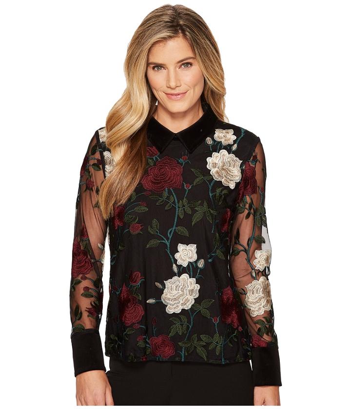 Ivanka Trump - Embroidered Floral Velvet Collar Shirt