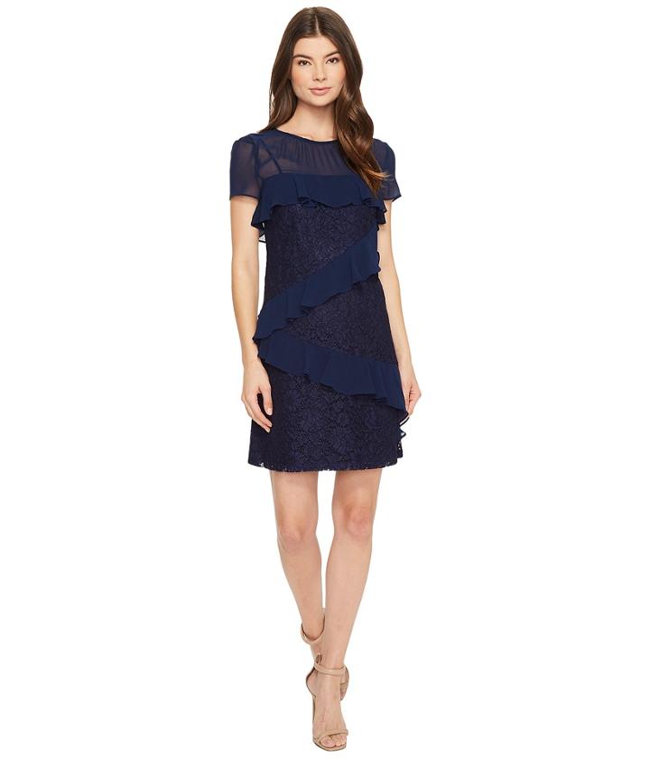 Donna Morgan - Short Sleeve Chiffon And Lace Ruffle Shift