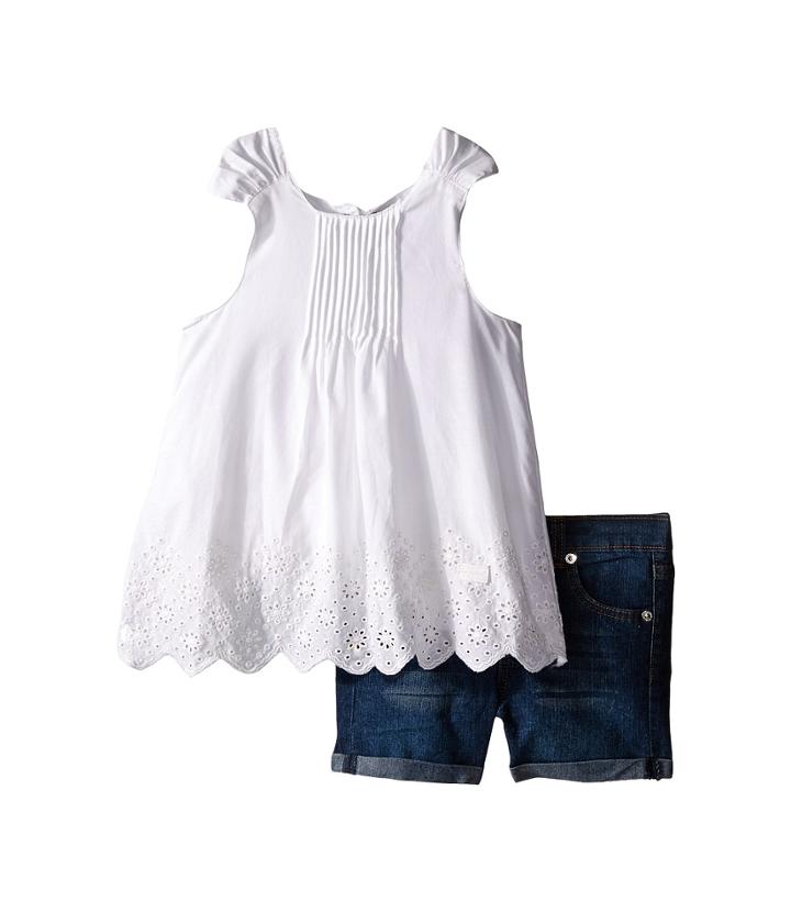 7 For All Mankind Kids - Five-pocket Medium Roll Stretch Denim Cuff Shorts And Eyelet Scalloped Poplin Tank Top