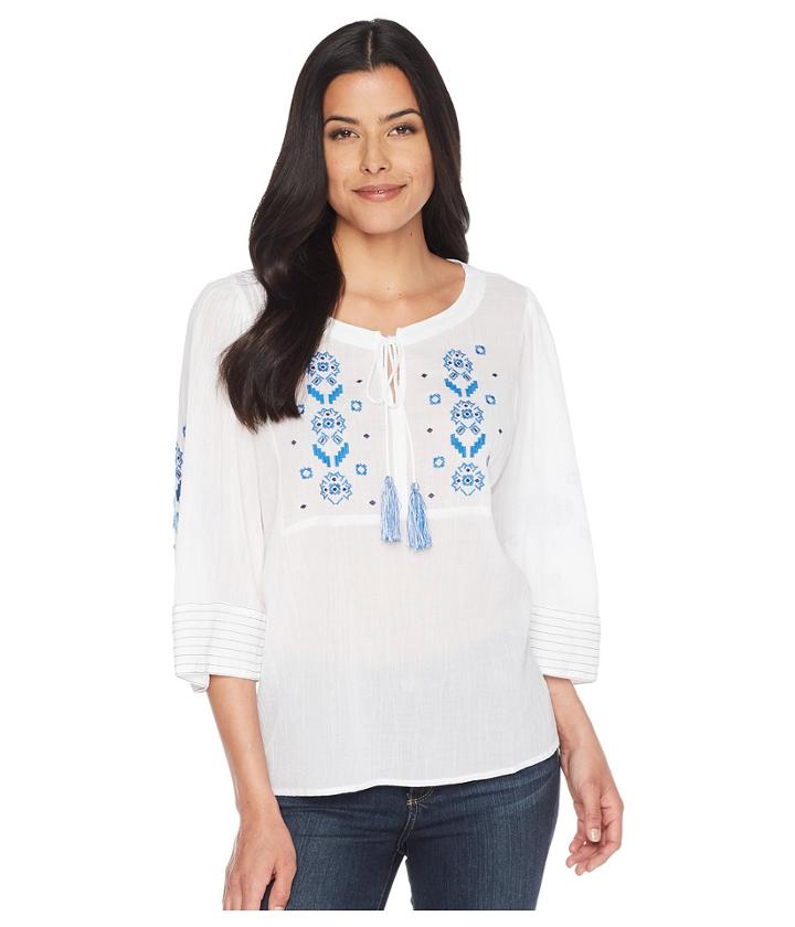 Two By Vince Camuto - Bell Sleeve Embroidered Tie Neck Blouse